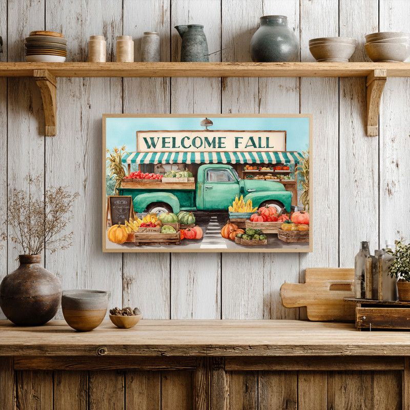 Welcome Fall green vintage pickup truck canvas wall art, landscape orientation, pumpkins at market, entryway seasonal decor