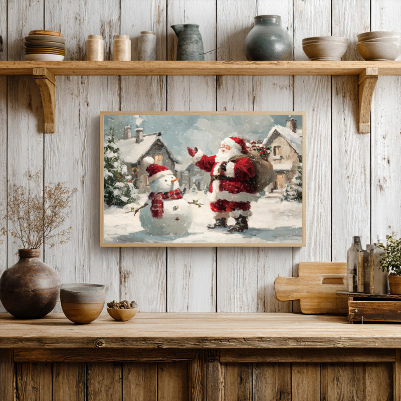 Whimsical Santa and snowman canvas wall art, illustrated holiday scene for hallway decor, snowy Christmas motif.