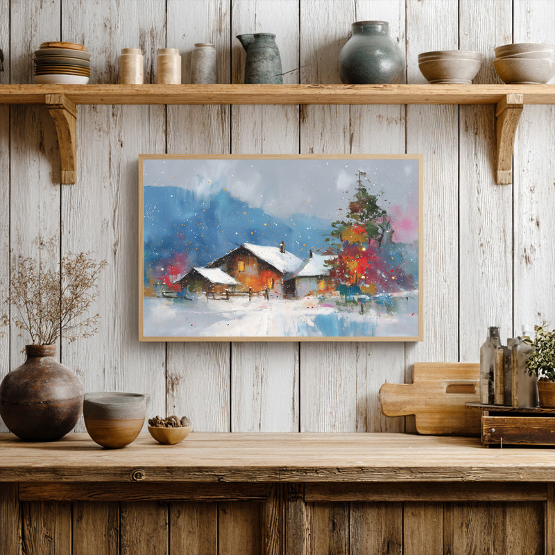 Winter wonderland cottage canvas wall art, watercolor painting for hallway decor, tranquil snowy cabin nestled among trees.