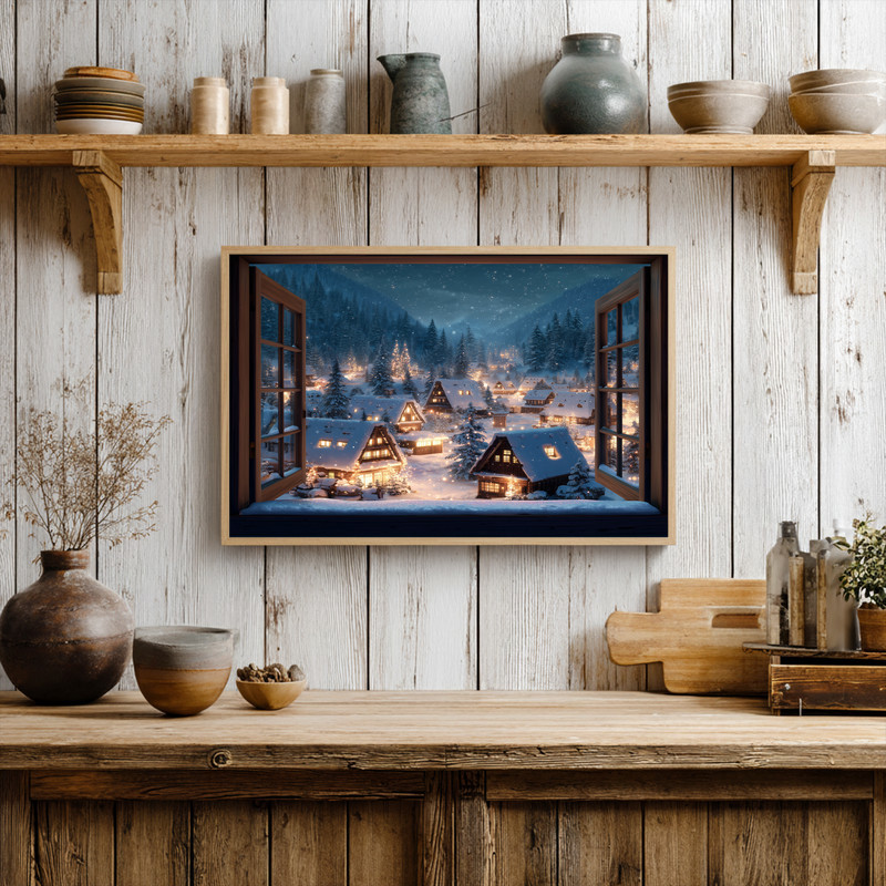 Winter wonderland canvas wall art with a quaint village, glowing cottages and snow-laden firs for cozy hallway decor