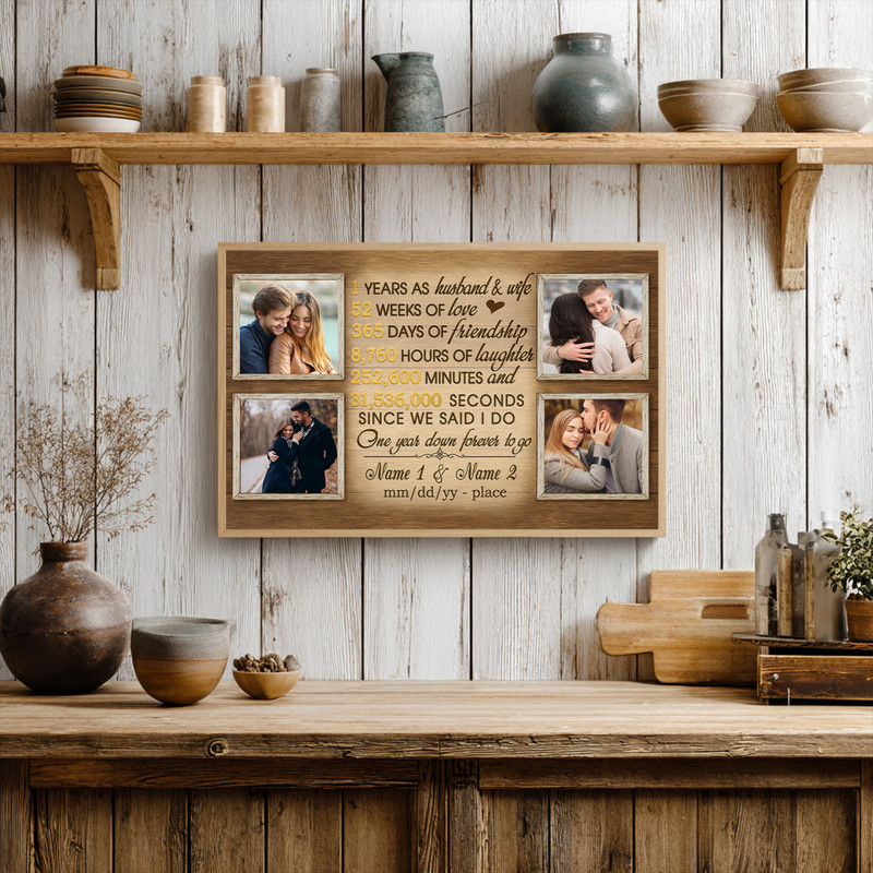 1st anniversary photo collage canvas wall art, personalized with couple names, date, and a love timeline, thoughtful gift