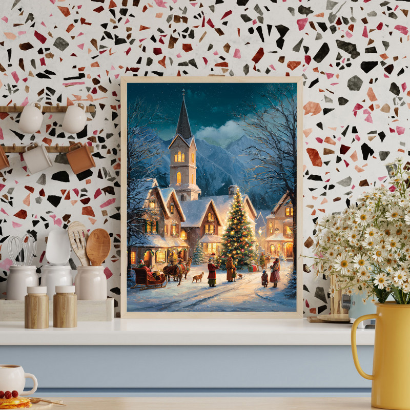 Magical Christmas night canvas wall art under a snowy mountain sky, starry night over snowy peaks, horizontal for hallway