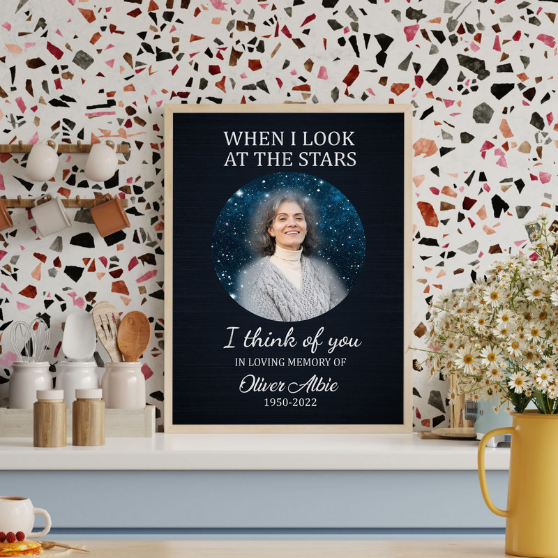 Celestial memorial canvas wall art, A Star in Heaven for Mom, custom name and date, portrait orientation, navy background