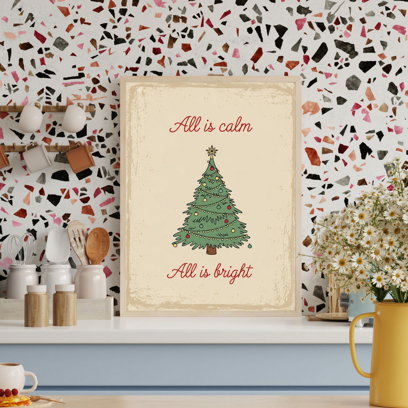 All Is Calm, All Is Bright minimalist Christmas canvas wall art, portrait layout, white background and black lettering