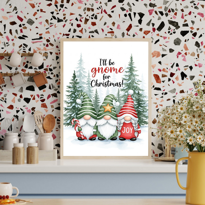 Christmas gnomes canvas wall art, Nordic-inspired seasonal piece for farmhouse hallway decor in a clean, minimalist style