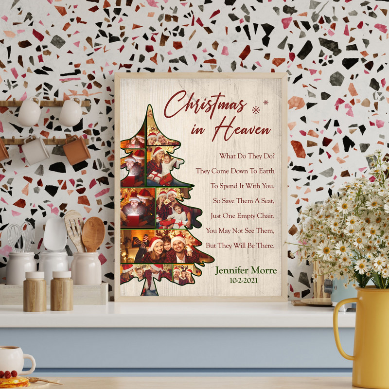 Christmas In Heaven memorial photo frame canvas wall art, portrait layout, custom photo, name, and life dates in elegant script typography Christmas In Heaven memorial photo frame canvas wall art, portrait layout, custom photo, name, and life dates in elegant script typography