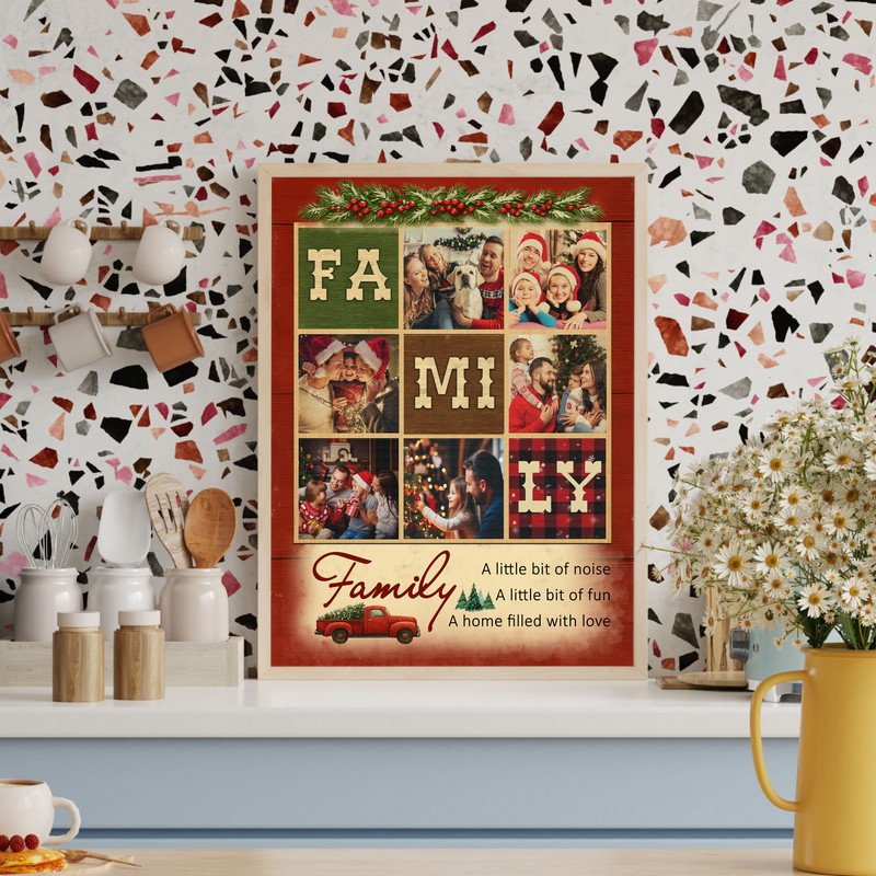 Rustic farmhouse family photo collage canvas featuring custom names and date, vertical layout on distressed white wood, gift for parents