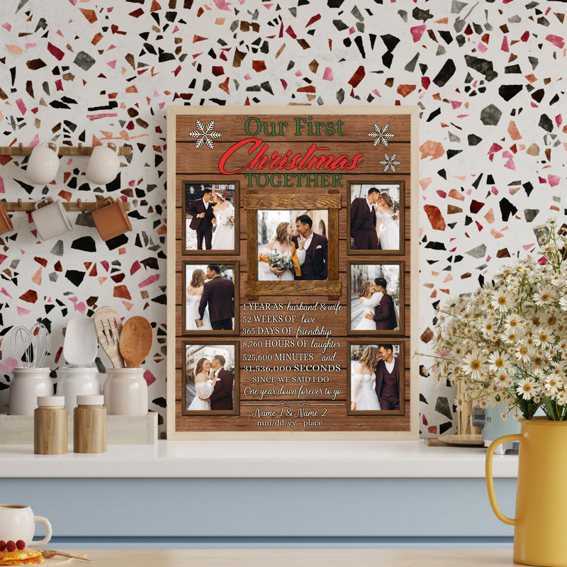 Our First Christmas Together collage canvas, custom photo gift with names and date for newlyweds’ 1st anniversary