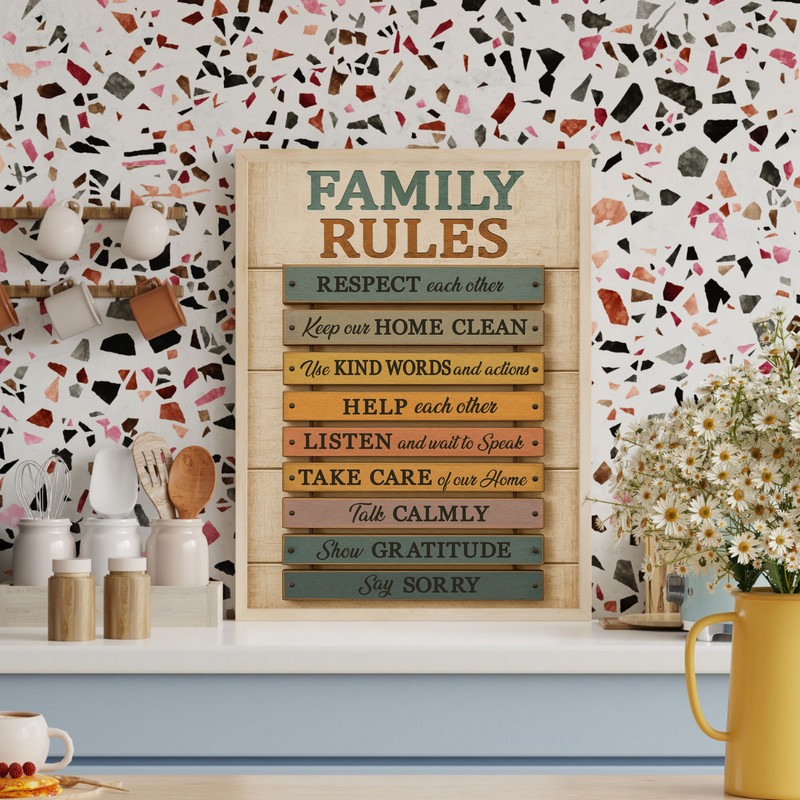 Family rules canvas print, farmhouse typography art, vertical for hallway or foyer, cream canvas with black text