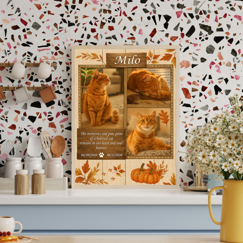 Cat memorial photo collage canvas, farmhouse style with fall leaves; add your pet’s photos and name for a remembrance gift