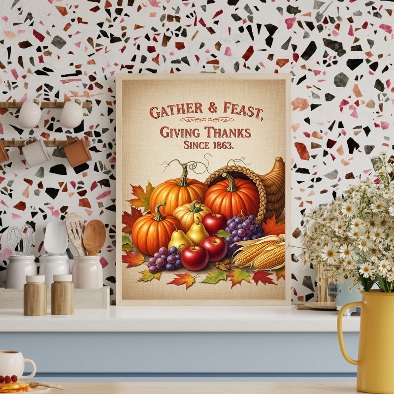 Farmhouse cornucopia canvas for hallway decor, landscape with basket, pumpkins, autumn leaves, and 'Gather & Feast In Style'