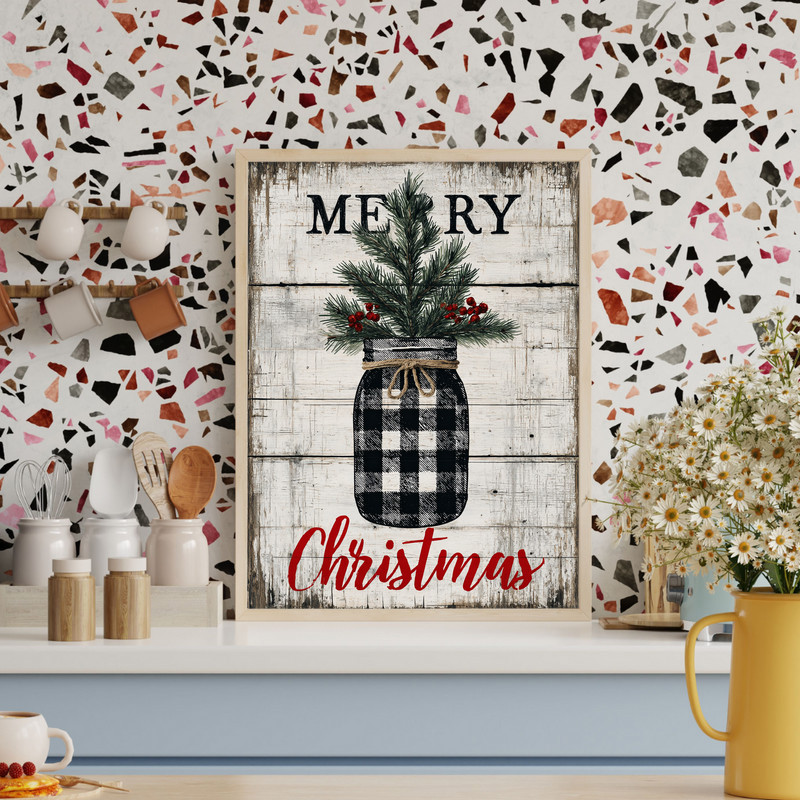 Farmhouse pine tree Christmas canvas art with snow-dusted evergreens, muted palette, horizontal for entryway decor