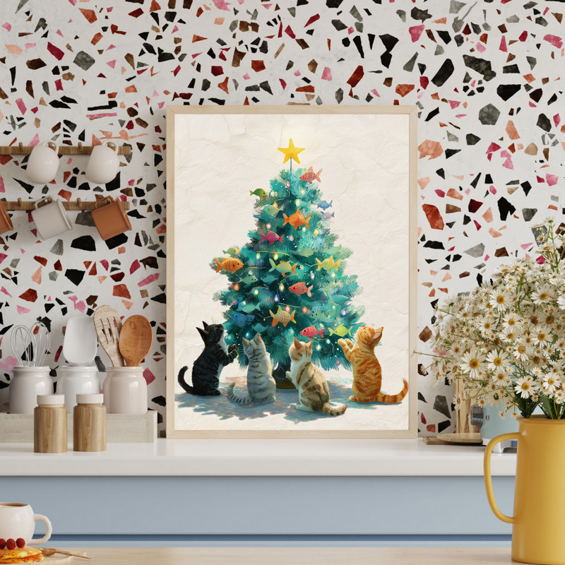 Christmas tree with curious kittens canvas wall art, cozy winter entryway decor featuring playful cats and holiday vibe