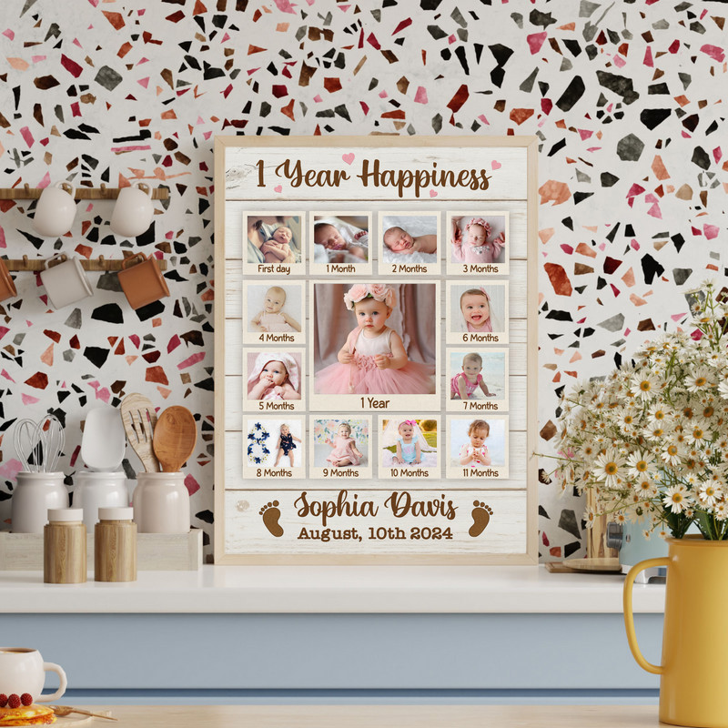 First year baby photo collage canvas, 12-month milestone grid on whitewashed wood, custom name and date, nursery decor