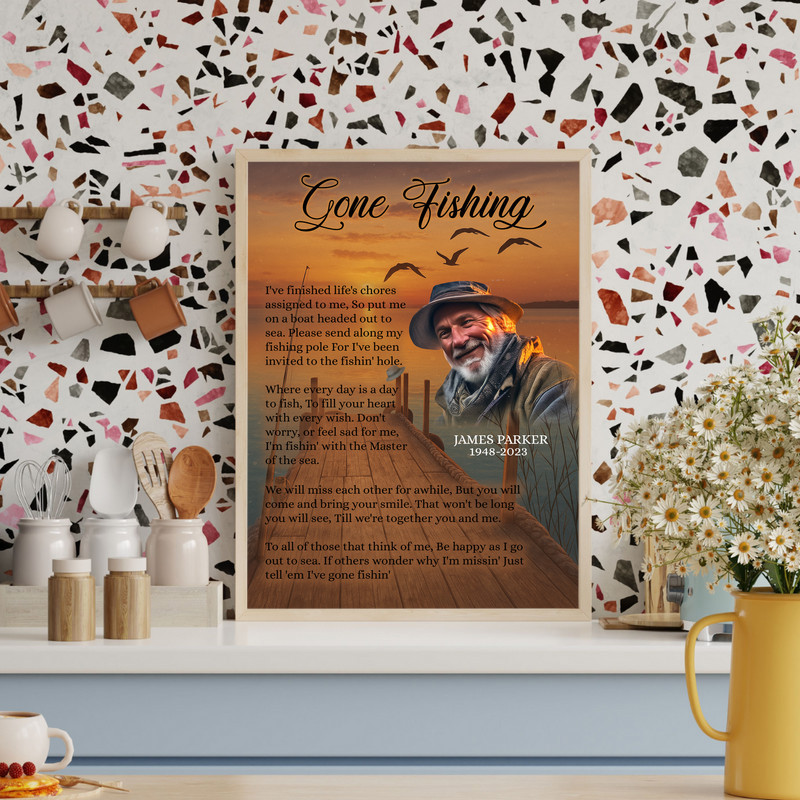 Fishing memorial canvas wall art featuring custom photo and name to remember a beloved angler; thoughtful condolence gift