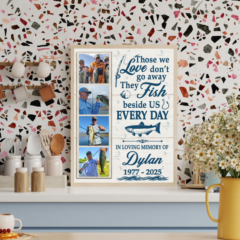 Fishing memorial canvas wall art, custom photo collage in landscape layout, "In Loving Memory" text, fish silhouette and lake sunset scene