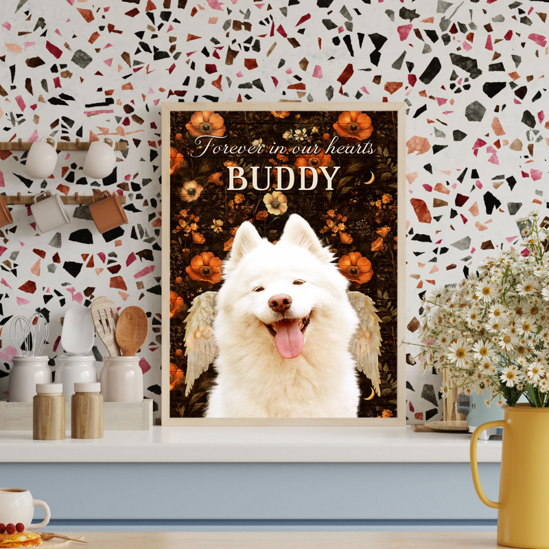 Pet loss memorial canvas print, fall Thanksgiving tribute, custom dog name and dates, wall decor in rich autumn colors.