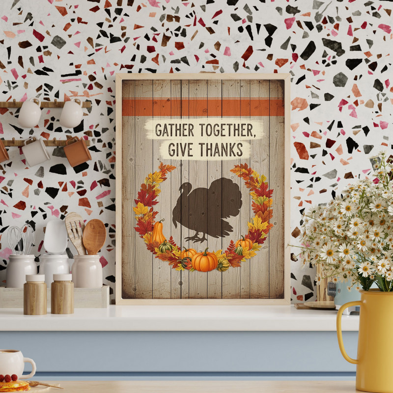 Gather Together Give Thanks canvas wall art, farmhouse rustic style for entryway walls, cozy fall palette for seasonal decor