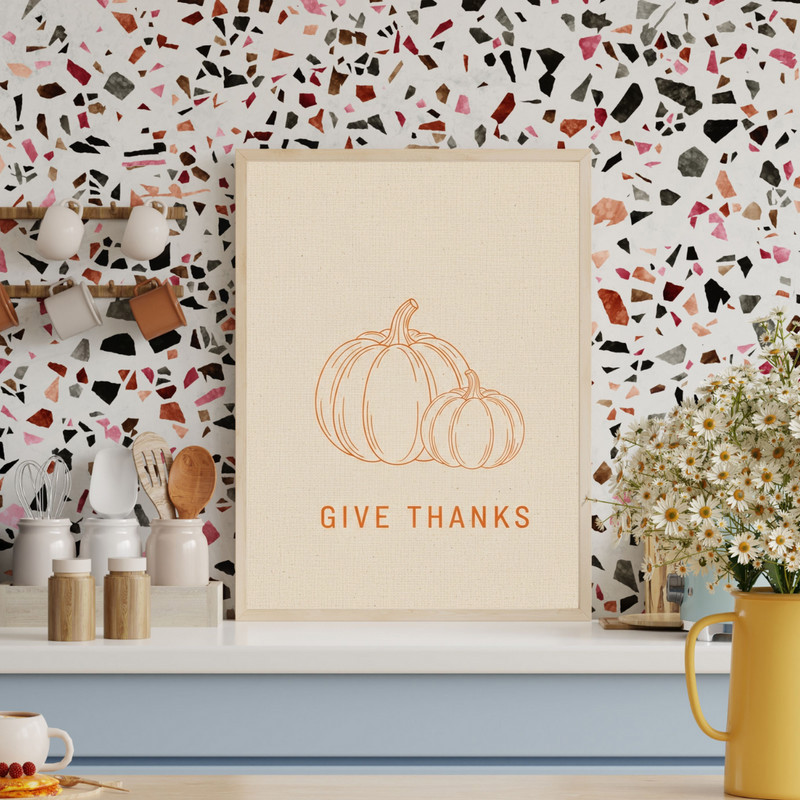 Give Thanks autumn pumpkin wall art canvas, simple line art on beige background for modern farmhouse hallway seasonal decor