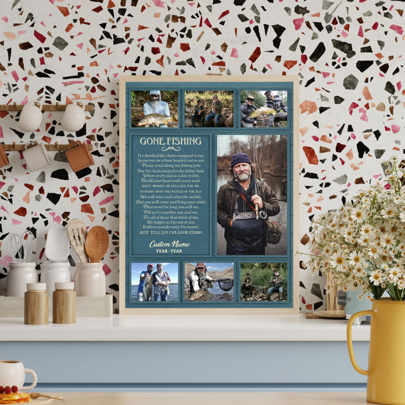 Gone Fishing memorial canvas wall art, personalized 3-photo collage with name and dates, lake sunset background, vertical layout