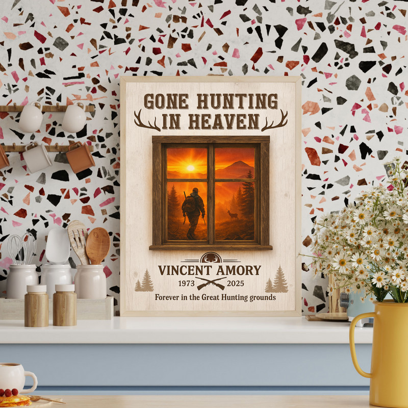 Memorial hunting canvas wall art in rustic farmhouse style, rifles and deer silhouette, custom name and dates, sympathy gift