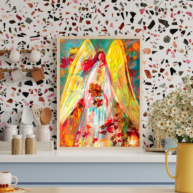 Golden winged angel canvas wall art, autumn harvest theme with maple leaves, serene spiritual portrait for entry hallway