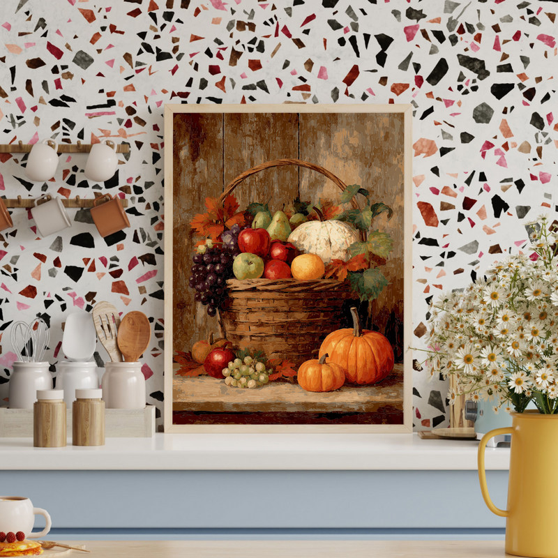 Harvest basket still life canvas wall art featuring apples, pears, pumpkins in muted earth tones for hallway decor, farmhouse