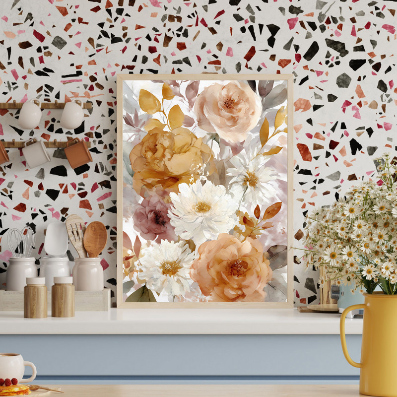 Harvest petals watercolor canvas wall art in muted ochre and terracotta, landscape format suited to hallway gallery walls