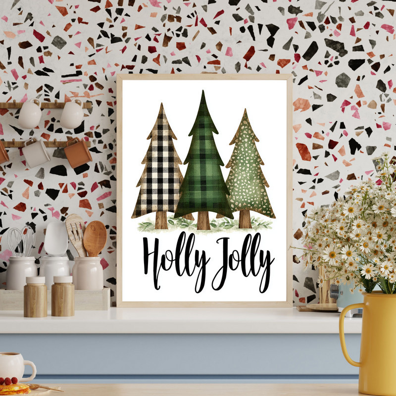 Holly Jolly rustic pine trees print, Christmas farmhouse canvas, winter woodland scene for hallway wall decor, portrait