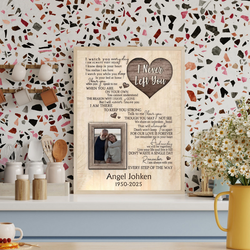 Remembrance canvas wall art photo frame with custom photo, name, and dates, showcasing I Never Left You memorial verse