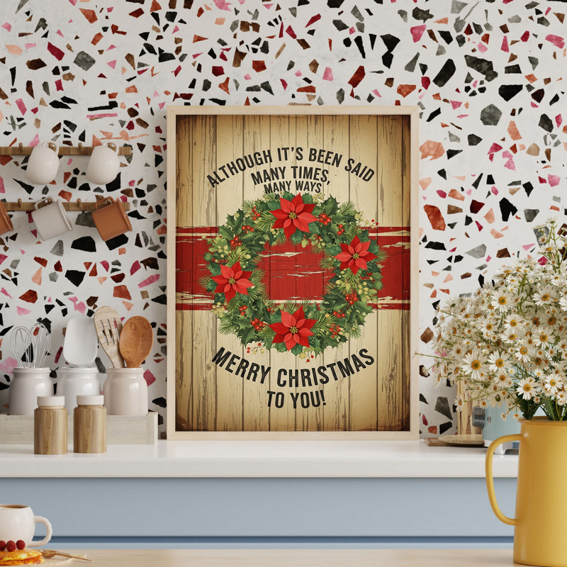 Merry Christmas To You vintage wreath canvas wall art, pine greenery and red bow on neutral background, farmhouse hallway accent