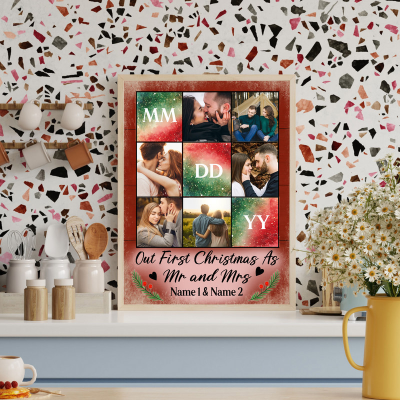 Our First Christmas as Mr & Mrs canvas wall art, personalized photo collage with names and date, gold script on linen Our First Christmas as Mr & Mrs canvas wall art, personalized photo collage with names and date, gold script on linen