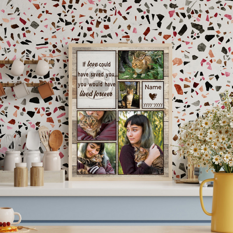 Cat memorial canvas print photo collage customized with cat photos, pet name and dates, ideal sympathy gift for pet owners