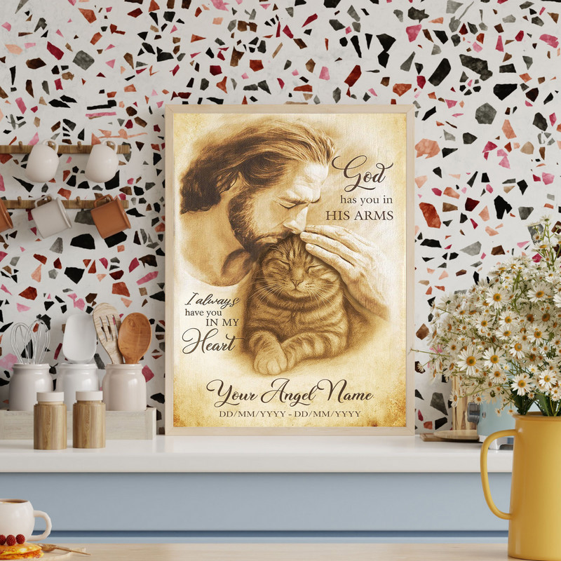 Cat tribute canvas featuring 'God Has You In His Arms', custom name and dates on rustic background, paw prints, portrait Cat tribute canvas featuring 'God Has You In His Arms', custom name and dates on rustic background, paw prints, portrait