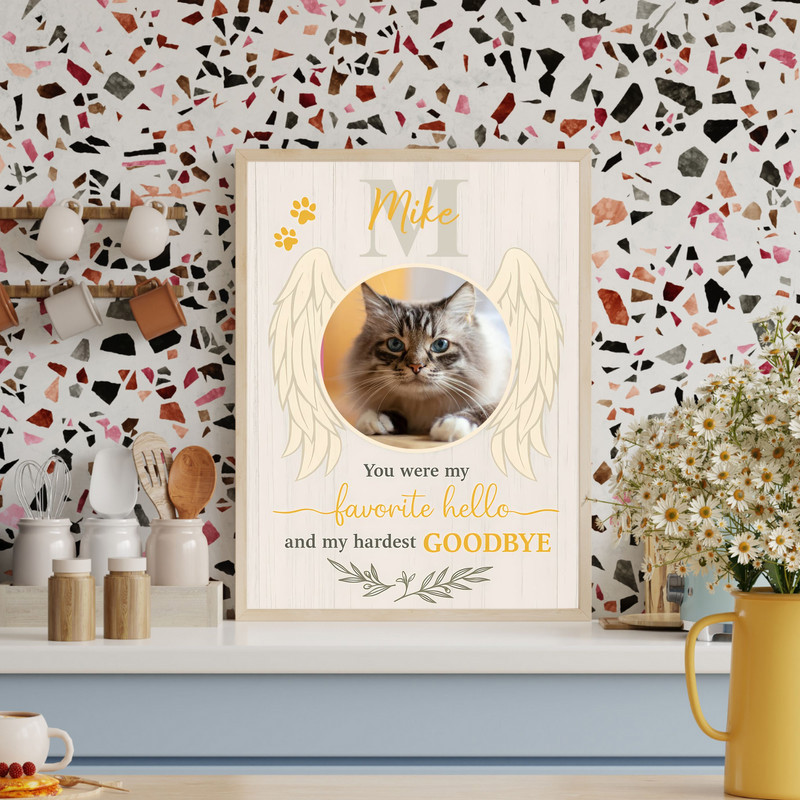 Cat memorial photo canvas, portrait with black background, angel wings, and personalized name; living room wall decor