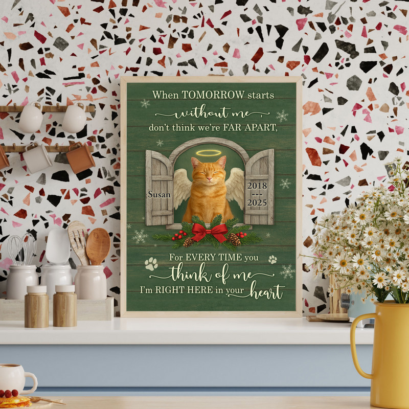 Cat memorial Christmas angel canvas wall art, neutral wood background, custom name and year, halo and wings, pet loss gift.