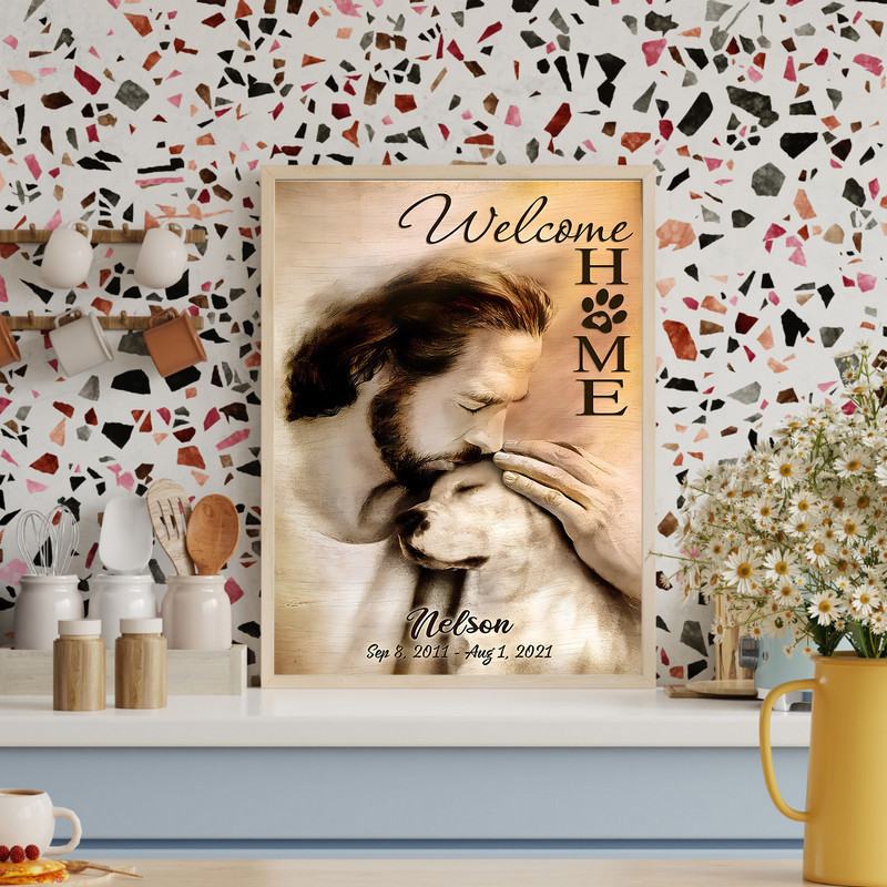 Christian dog memorial canvas wall art, Jesus at heaven's gates with dogs, landscape, custom name—sympathy gift