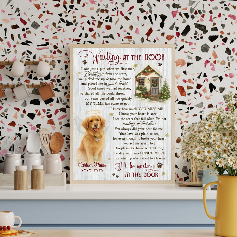 Dog memorial canvas wall art, rustic wood, 'Waiting at the Door' verse, custom name and dates, Christmas festive accents