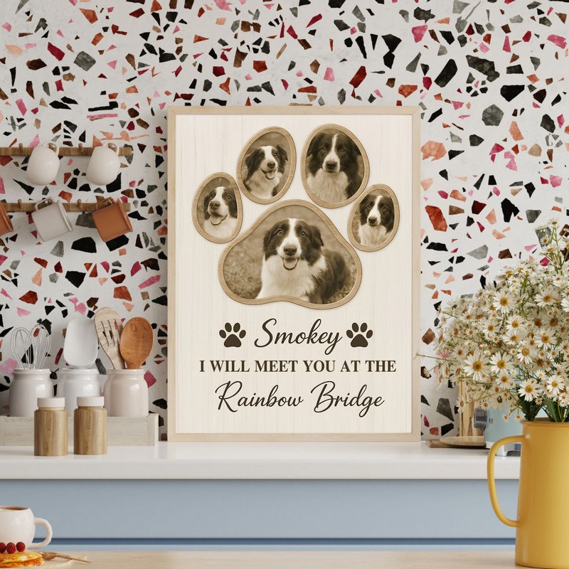 Dog memorial photo collage canvas, portrait, custom pet name and dates on distressed shiplap background in neutral tones Dog memorial photo collage canvas, portrait, custom pet name and dates on distressed shiplap background in neutral tones