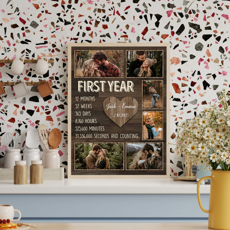 First-year anniversary photo collage canvas with custom couple photos, rustic whitewashed wood, personalized names and date