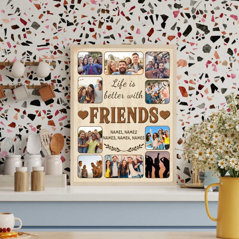 Life Is Better With Friends photo collage canvas, personalized with names and dates, portrait frame, 9-photo grid