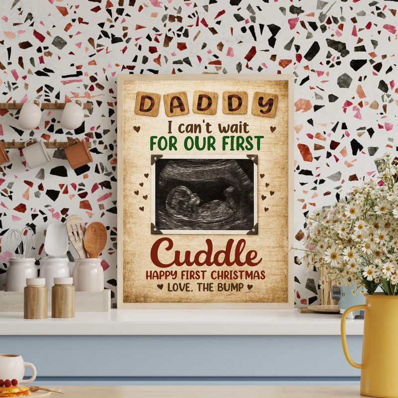 Christmas gift for dad rustic canvas personalized with ultrasound photo and custom note from bump, neutral wood-look background