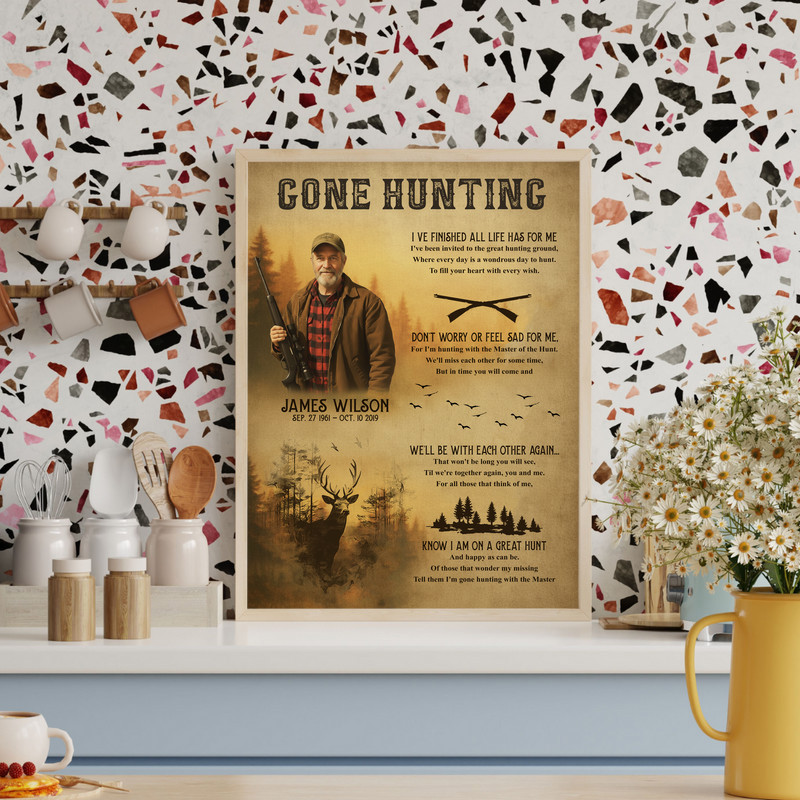 Rustic gone hunting canvas print with buck silhouette and cross, personalized memorial for a beloved dad, cabin wall decor