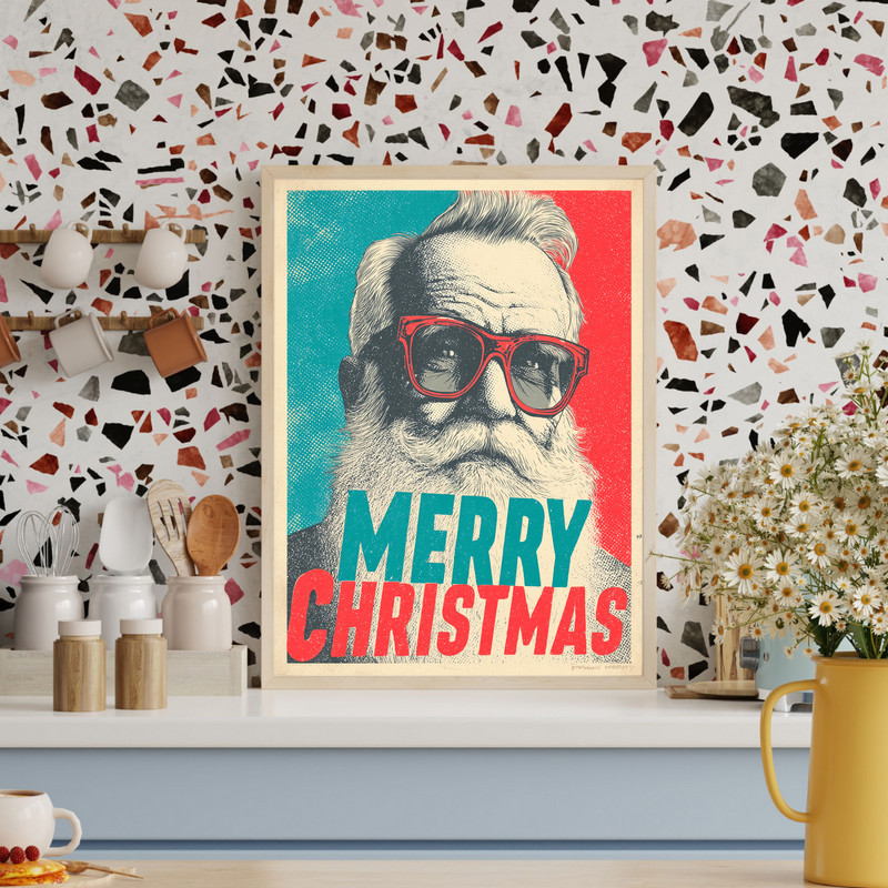 Retro comic Santa Christmas canvas wall art with vintage halftone texture, landscape, snowflakes and teal accents for hallway