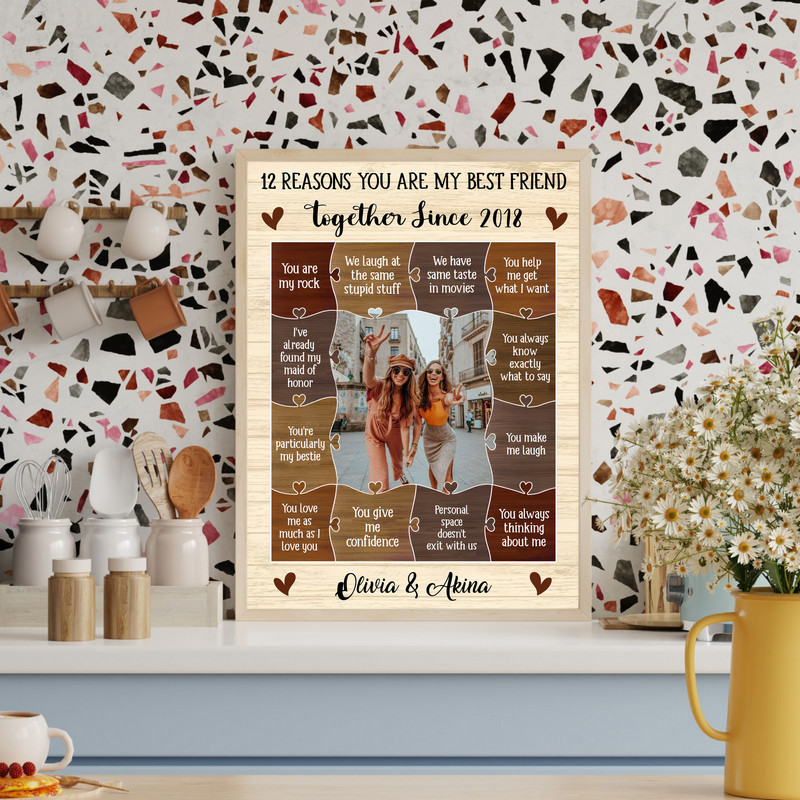 Friendship rustic canvas wall art with 12 reasons you’re my best friend, custom names, meaningful birthday gift for a BFF