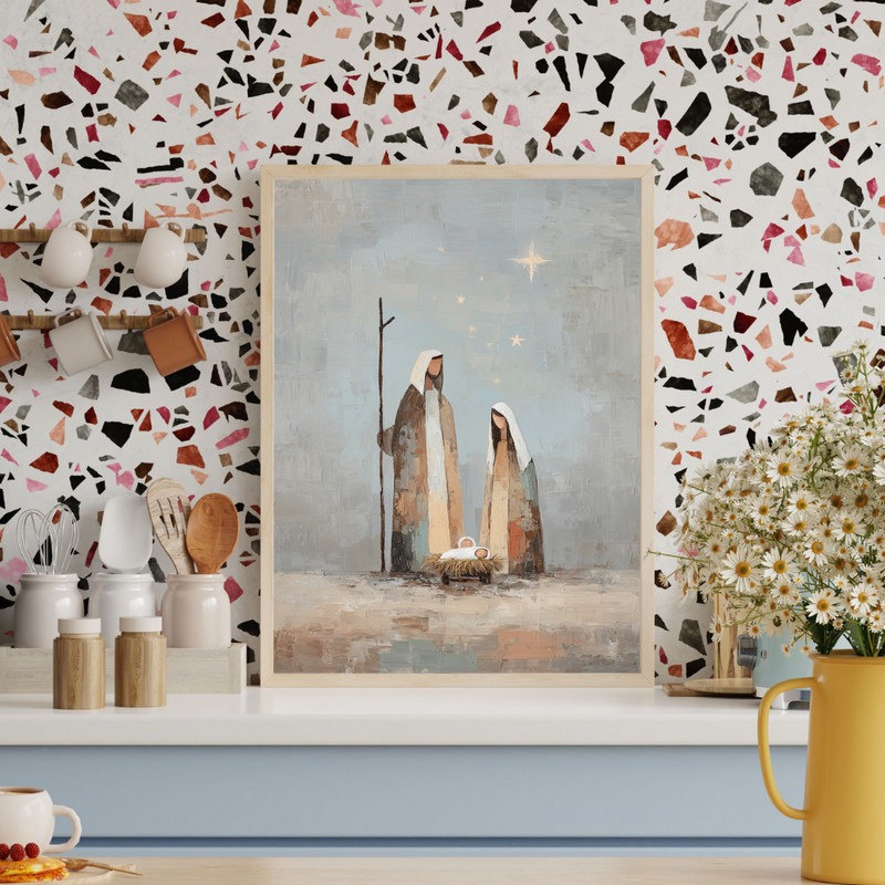 Holy Family canvas wall art, rustic minimalist nativity scene in black and white, horizontal for entryway Christmas decor