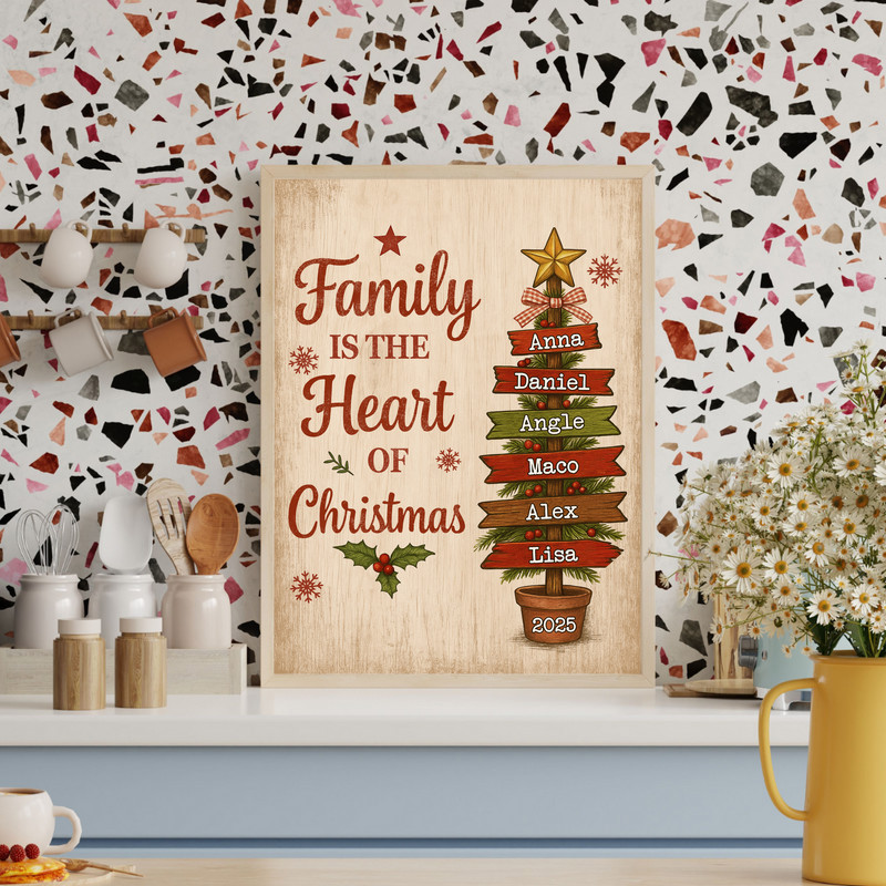 Rustic farmhouse Christmas family tree canvas, personalized names, red-green accents, landscape layout, gift for parents