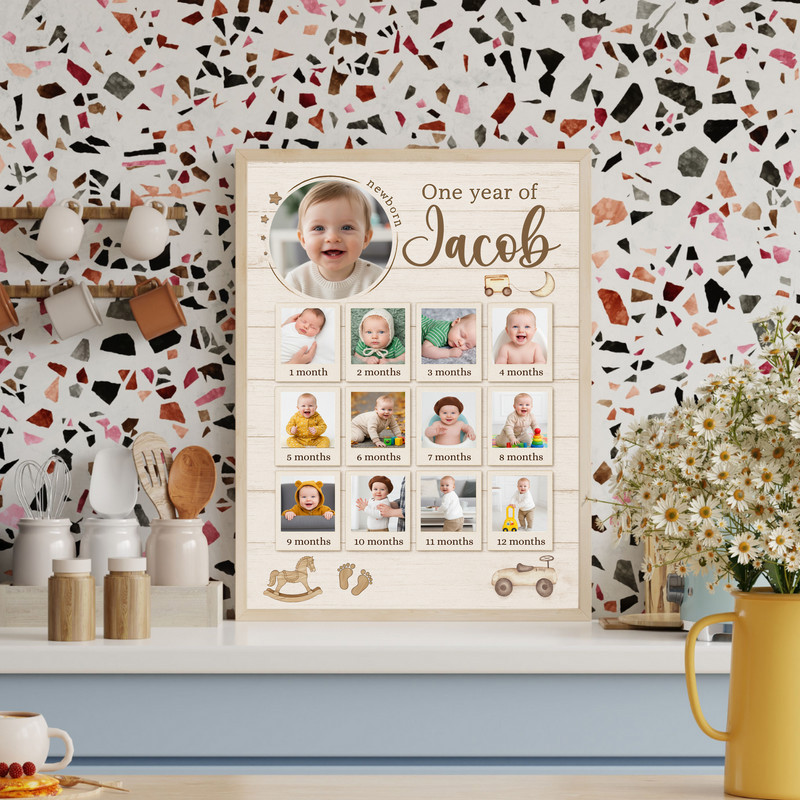 Rustic baby first year milestone canvas wall art, personalized photo collage with name and date, 1st birthday gift