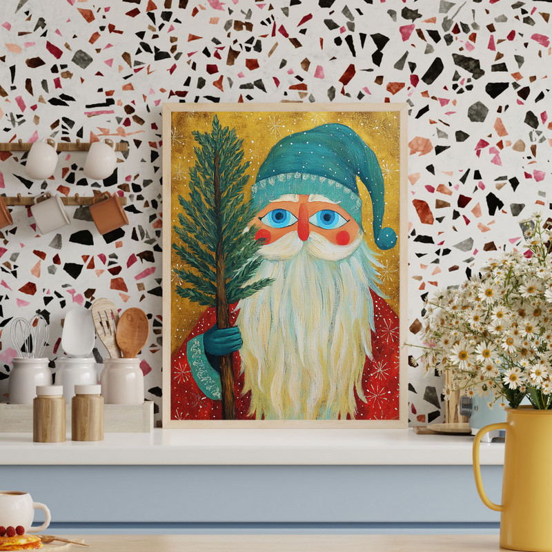 Santa Claus oil painting canvas wall art, rustic whimsical Christmas decor accent for hallway with warm, cozy seasonal feel
