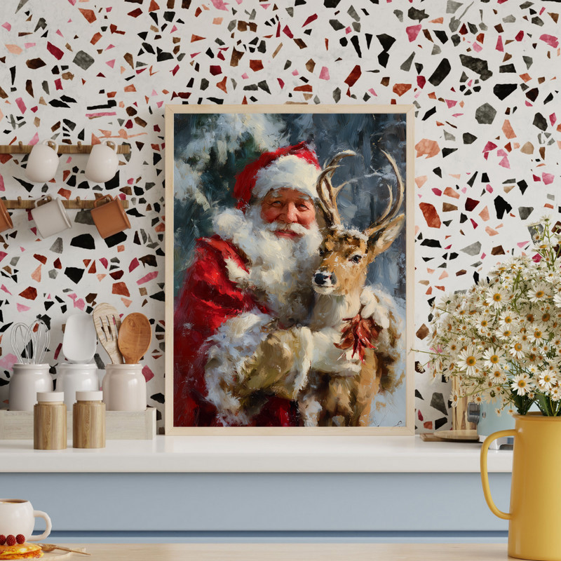 Santa Claus with reindeer forest canvas wall art, moonlit winter scene in landscape orientation for entryway or hallway